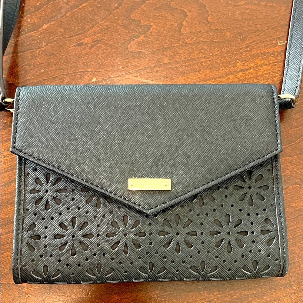 Kate Spade Floral Cutout Crossbody Bag. Goldtone accents w cream polka dots. GUC